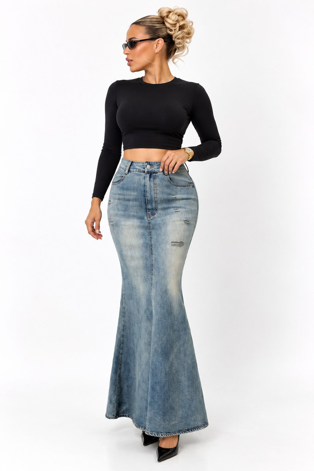 Women's denim mermaid maxi skirt on model