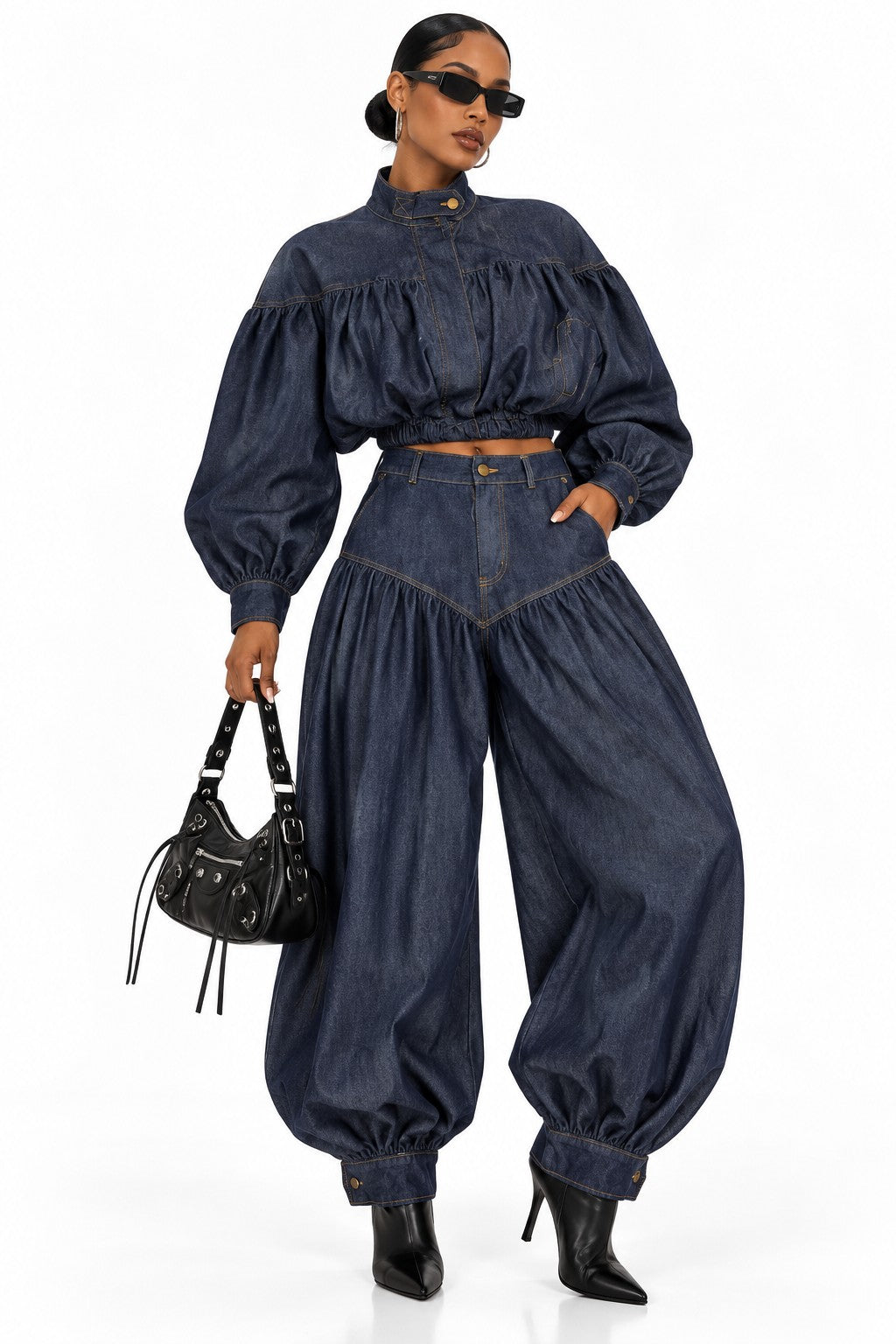 Women's indigo denim shirred crop jacket and balloon jeans set