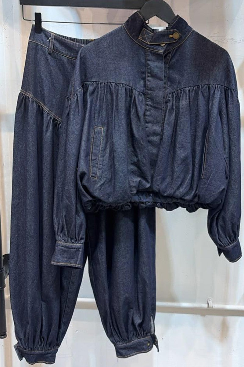 Denim crop jacket and balloon jeans flat lay