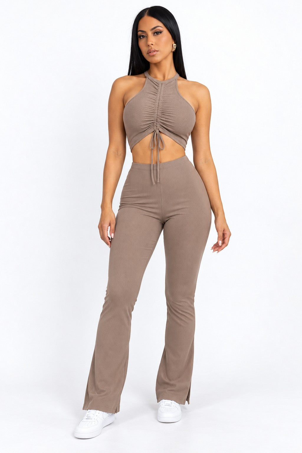 Women's mocha ruched crop top and bootcut pants set