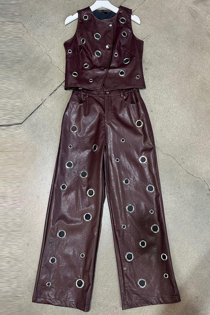 Faux leather grommet vest set front view