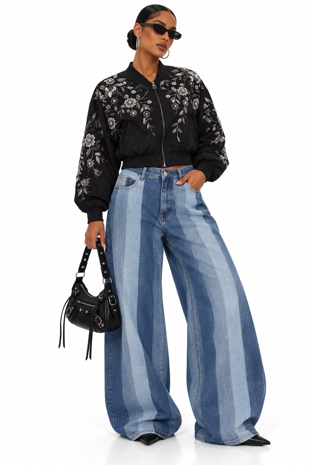 Black floral beaded sequin bomber jacket on model