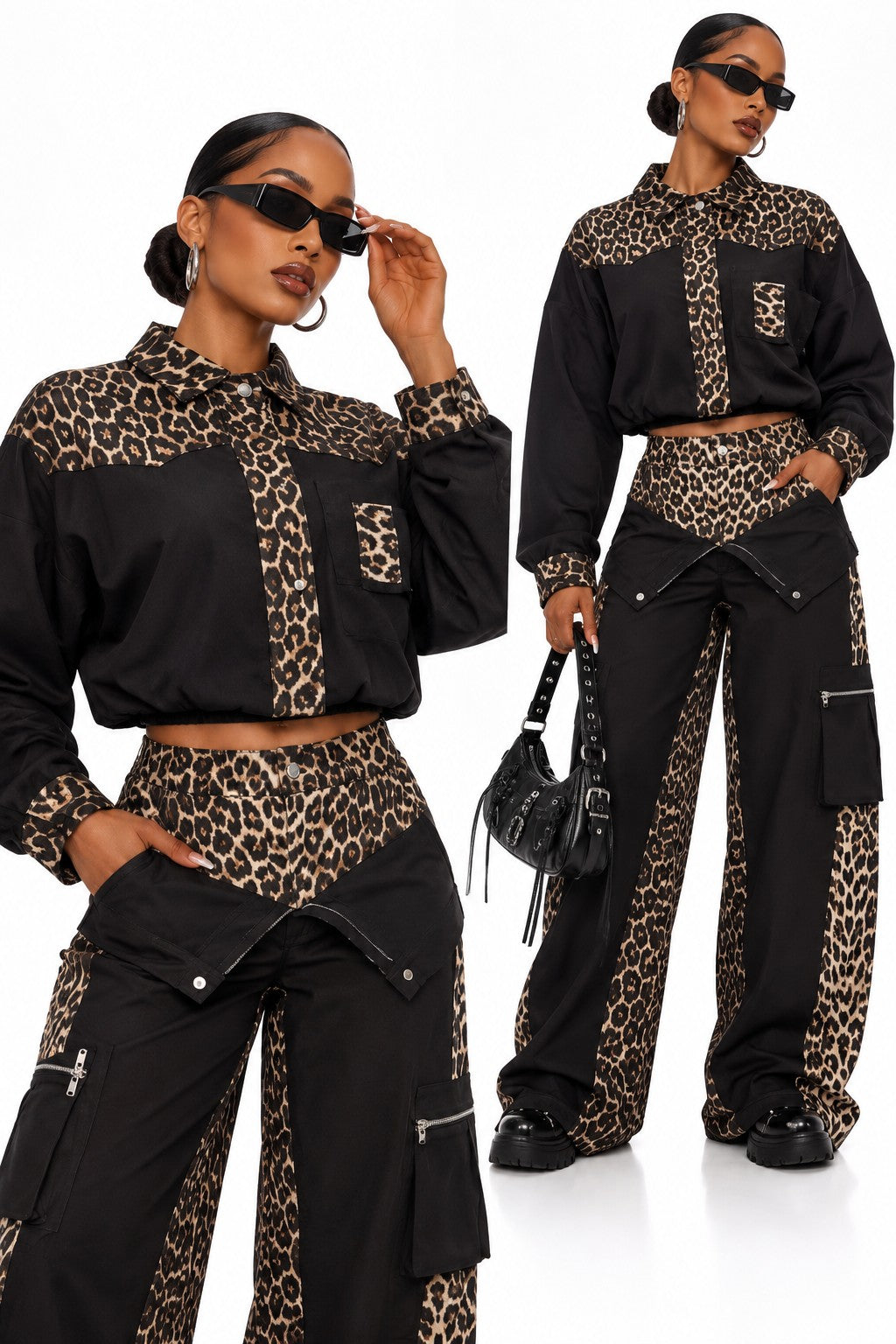 Women's black and leopard cropped jacket on model