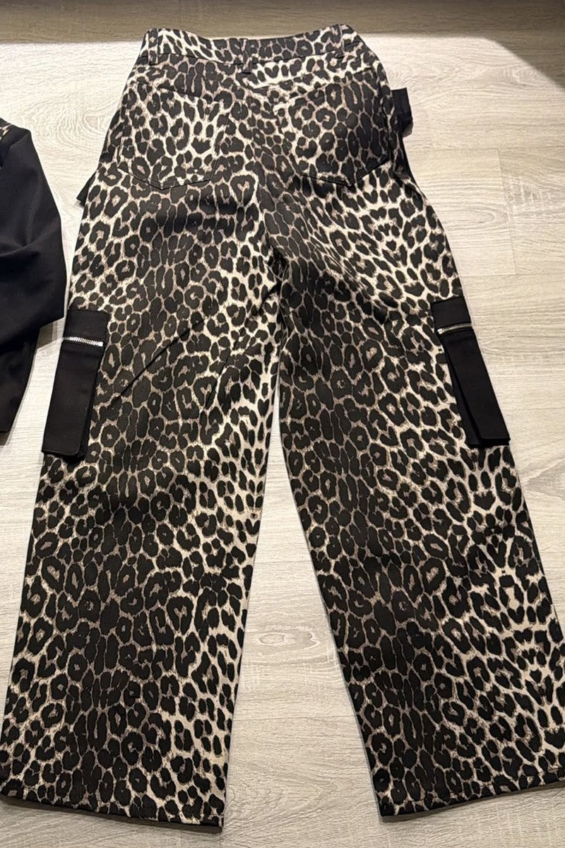 Leopard print cargo pants flat lay