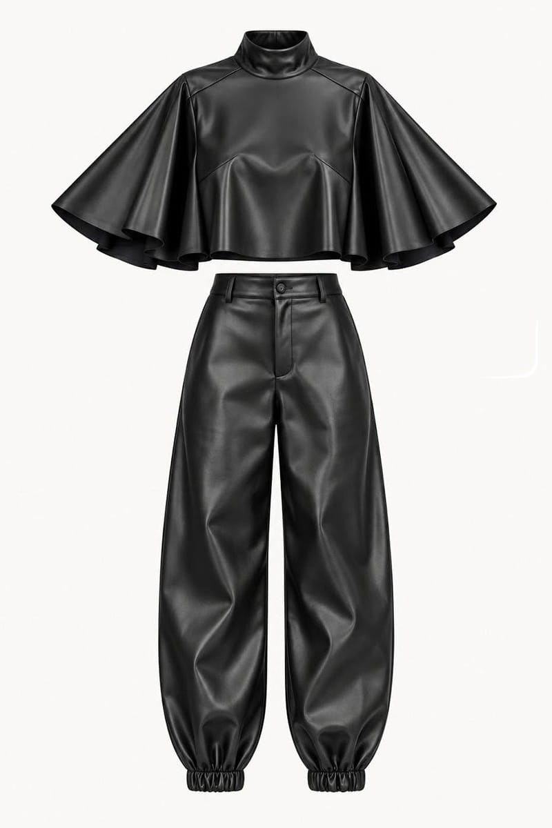 Black faux leather two piece set detail