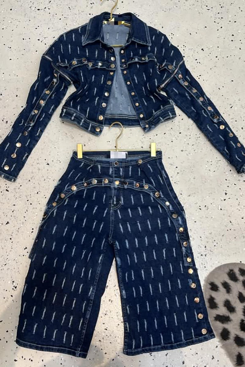 Dark wash denim jacket and jorts set detail