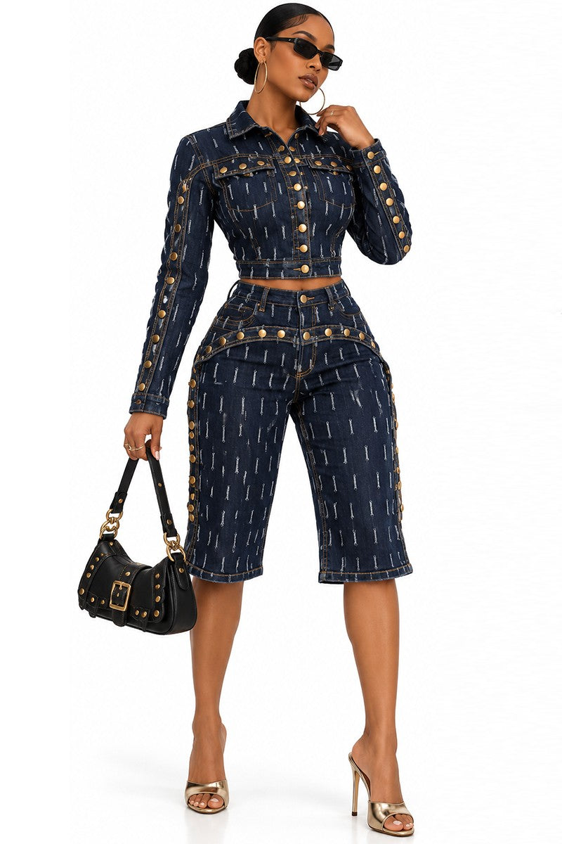 Women's dark wash denim cropped jacket and jorts set front view