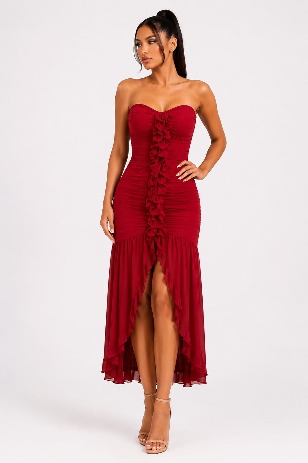 Women's Cherry Red Ruffle Cascade Strapless Maxi Dress – front view