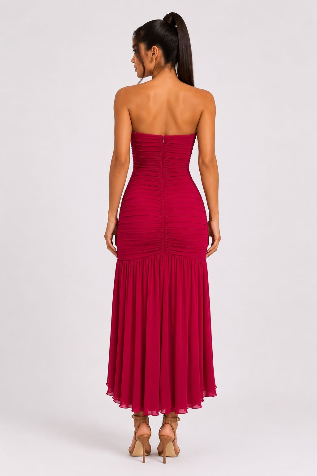 Women's Cherry Red Ruffle Cascade Strapless Maxi Dress – side view