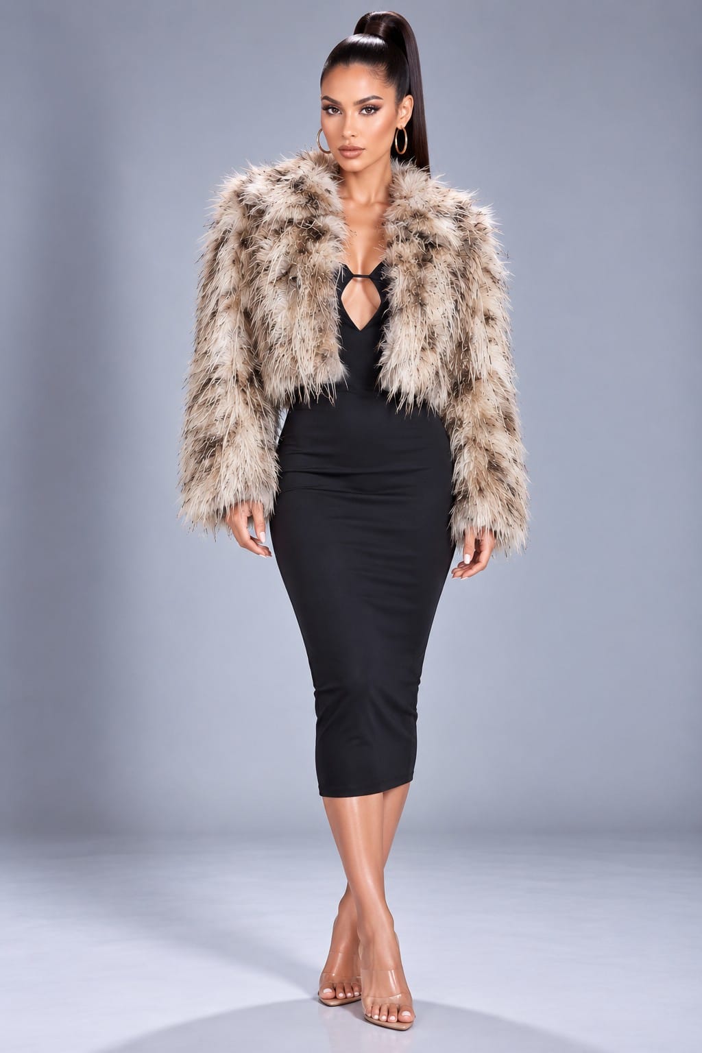 Women's Shaggy Faux Fur Cropped Jacket – front view