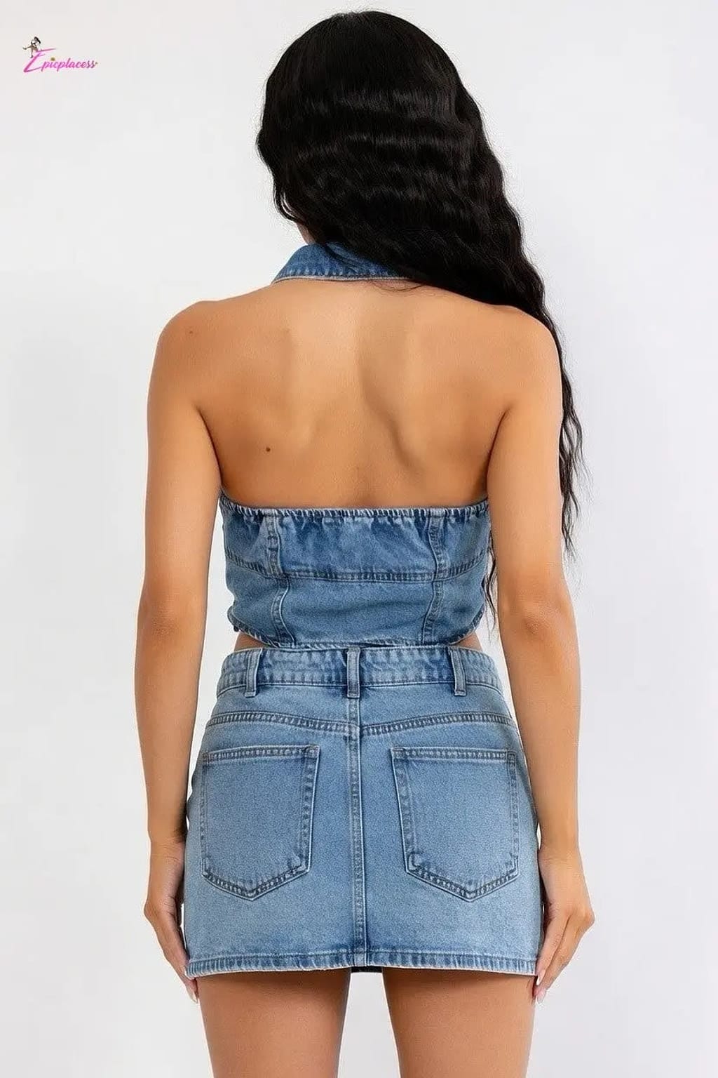 Blue denim halter dress back view - Epicplacess