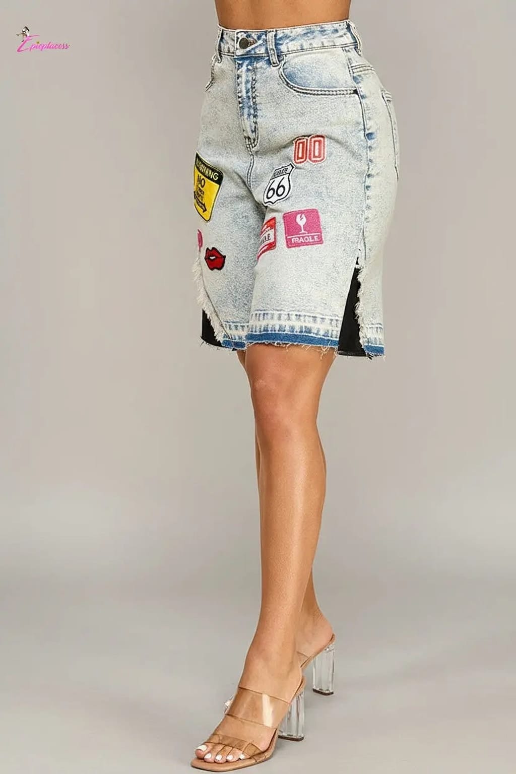 Light acid wash patch denim bermuda shorts detail - Epicplacess