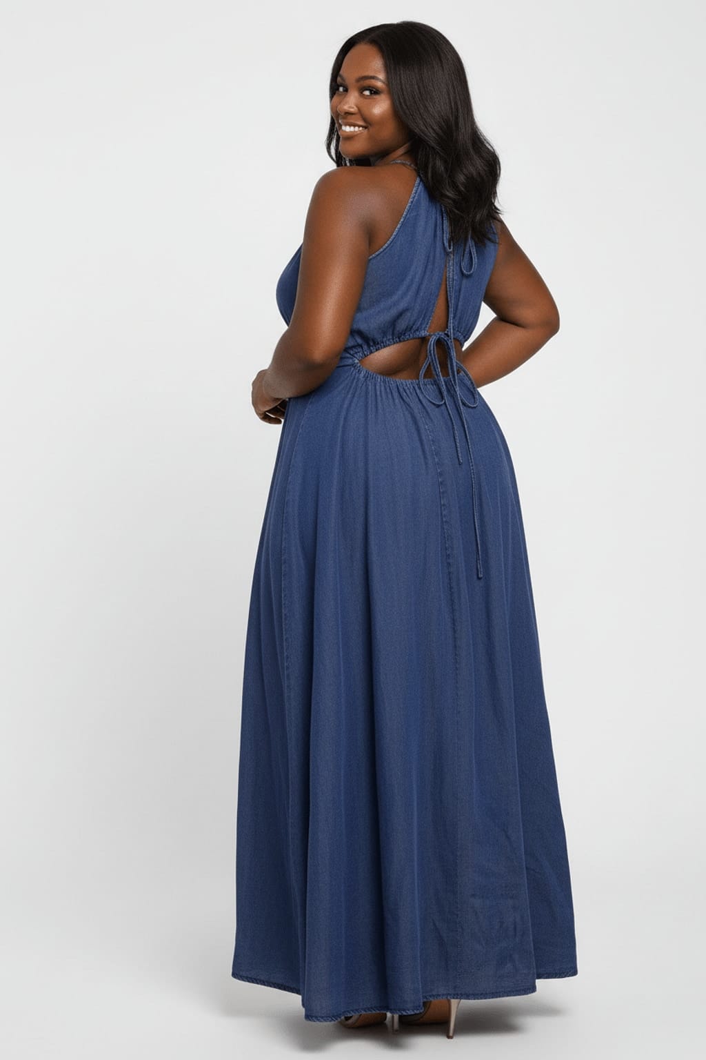 Plus Size Denim Halter Cutout Maxi Dress - Back Studio Enhanced