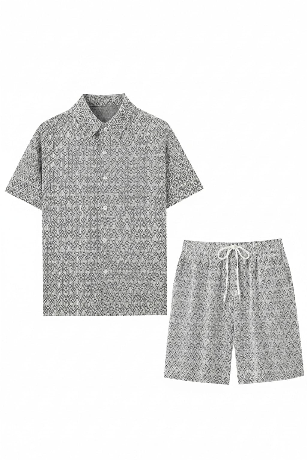 Gray geometric jacquard shirt and drawstring shorts flat lay - Epicplacess