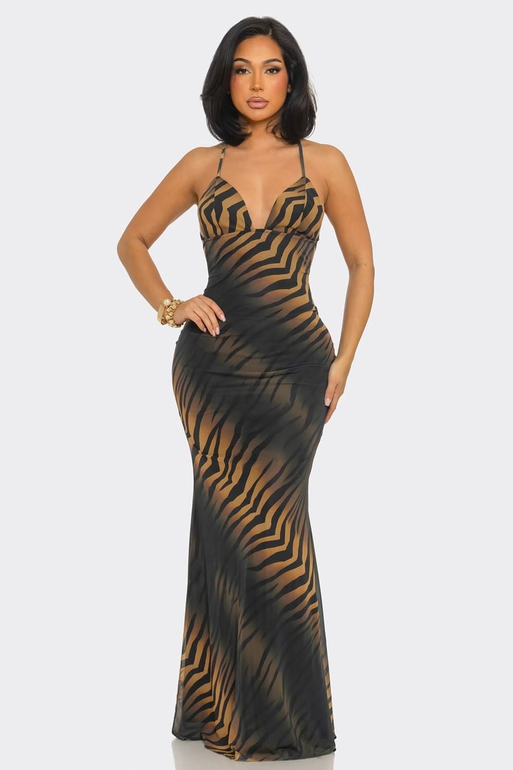 Tiger Print Mesh Maxi Dress with deep V lace-up open back - front view