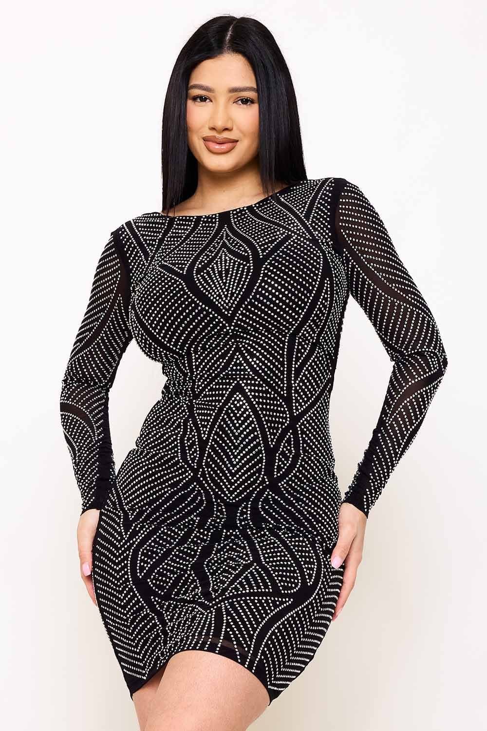 Women's Rhinestone Front and Back Mini Dress in Black/Silver