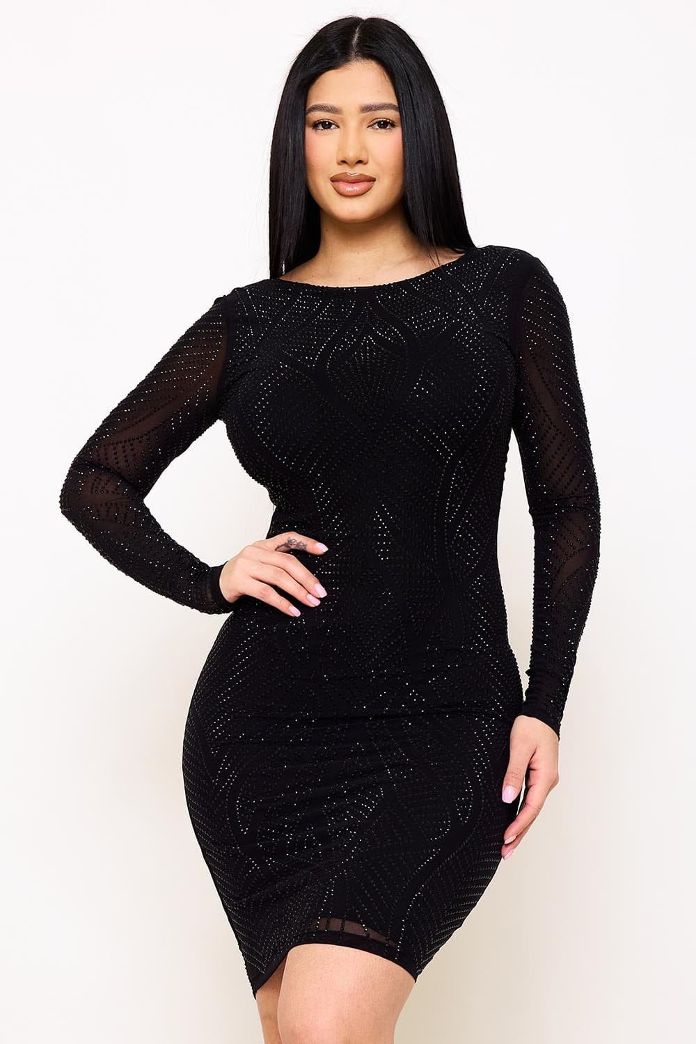 Women's Rhinestone Front and Back Mini Dress in Black