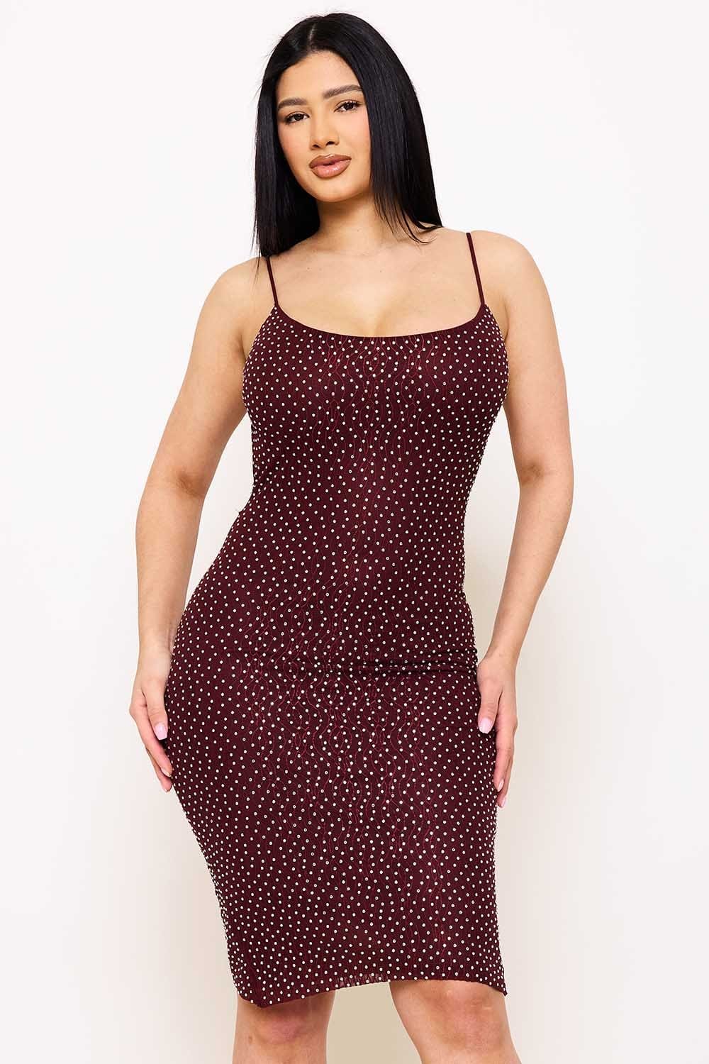 Women's Rhinestone on Stretch Wavy Mesh Mini Dress – detail close-up