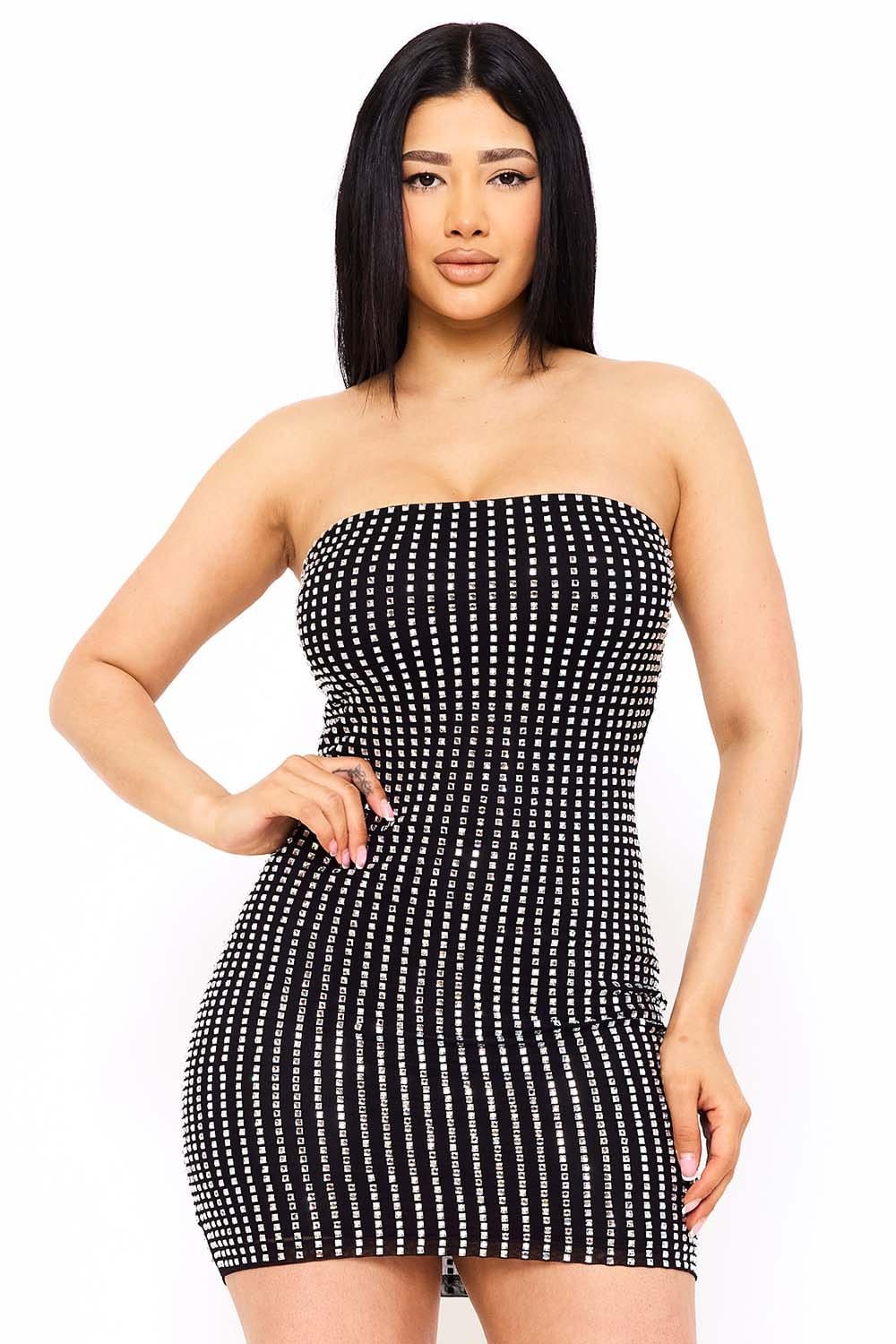 Women's Rhinestone on Power Mesh Tube Top Mini Dress – model view