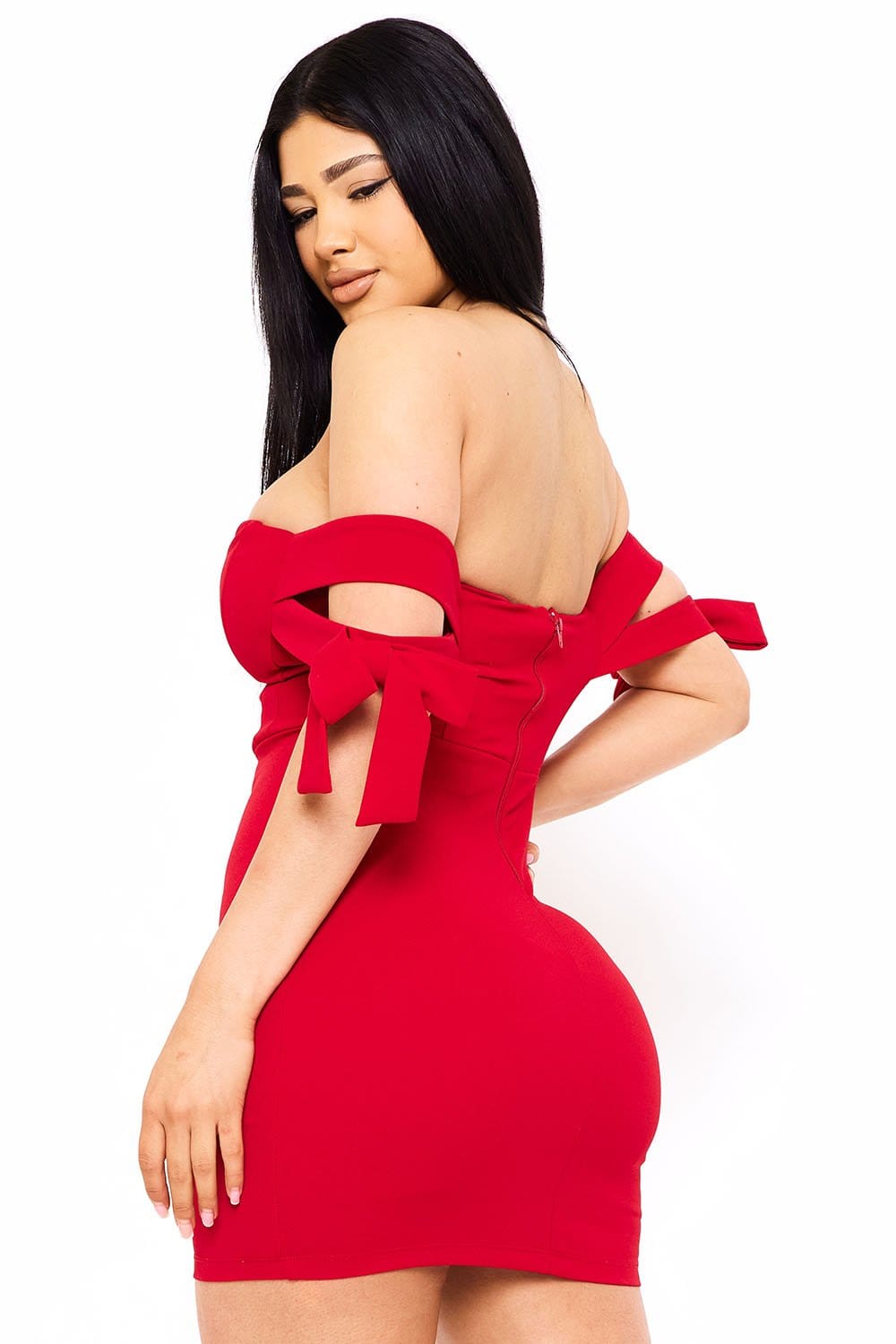 Women's Off the Shoulder Bow Shoulder Mini Dress – model view
