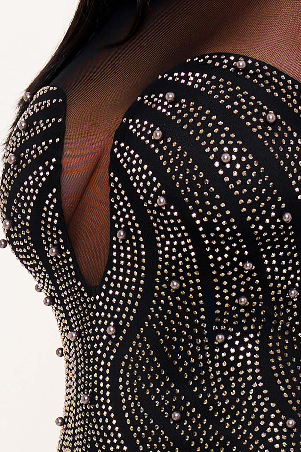 Women's Patterned Rhinestone and Pearl on Mesh Mini Dress – fabric detail