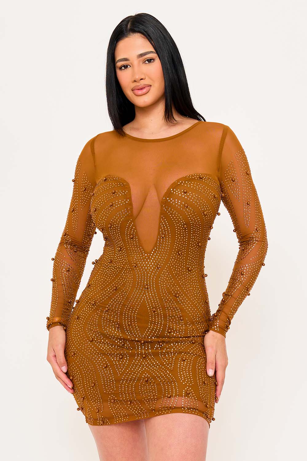 Women's Patterned Rhinestone and Pearl on Mesh Mini Dress – detail close-up