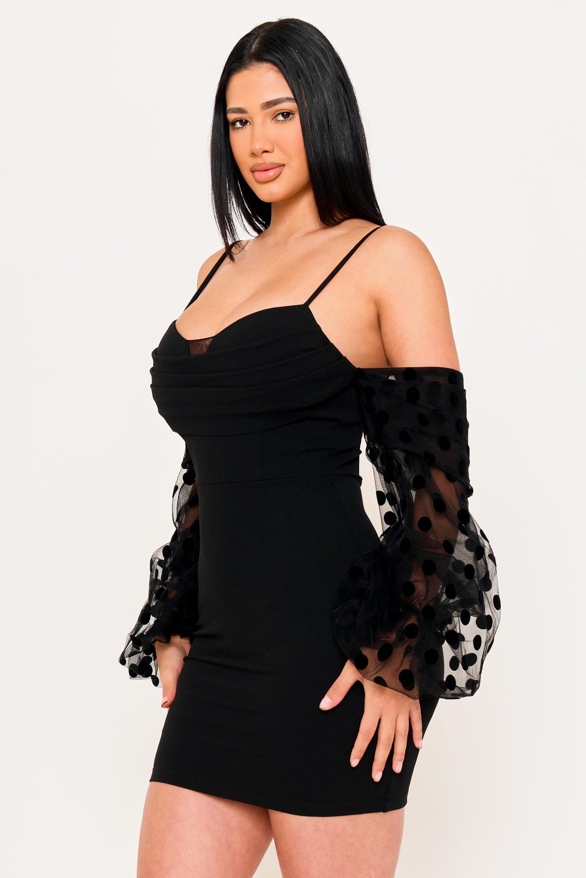 Women's Polkadot on Mesh Long Balloon Sleeve Mini Dress – full-length view
