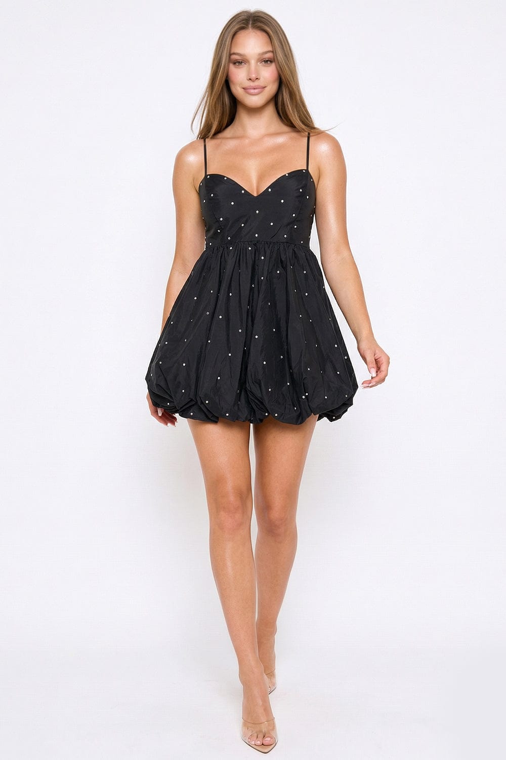 Women's Rhinestone on Taffeta Balloon Skirt Mini Dress in Black
