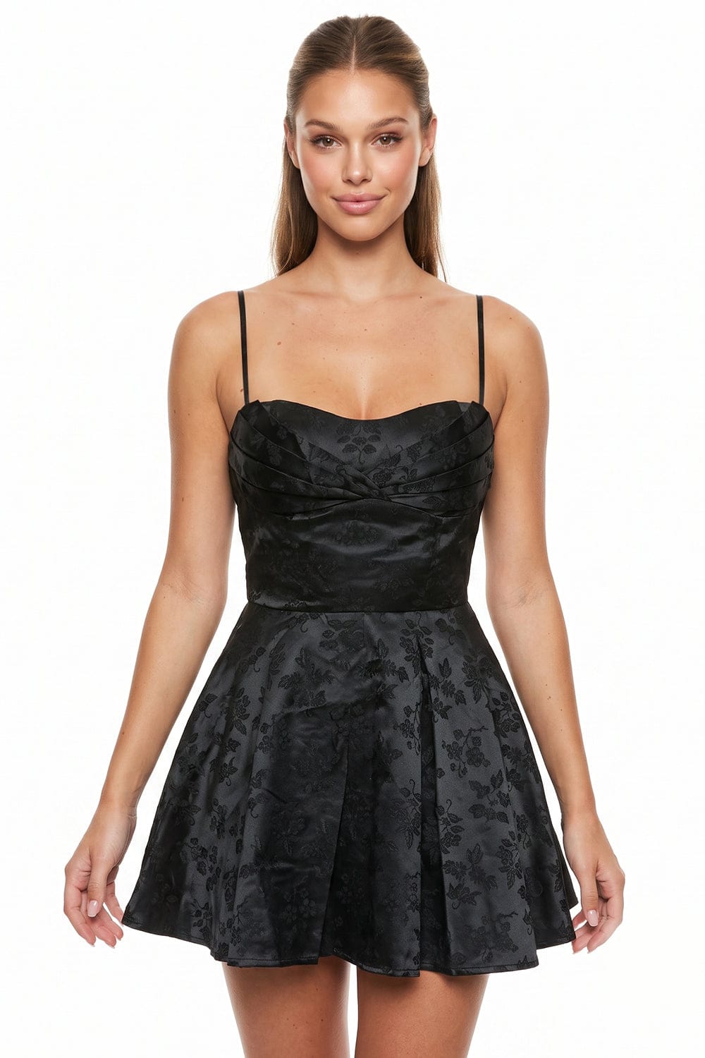 Women's Floral Jacquard Fit and Flare Mini Dress in Black