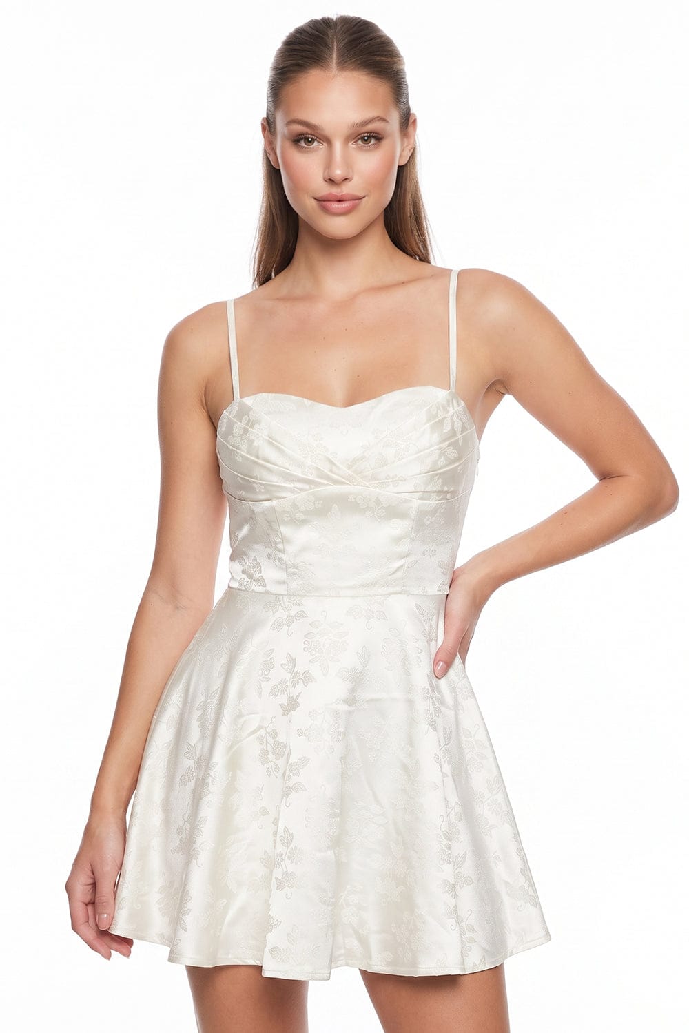 Women's Floral Jacquard Fit and Flare Mini Dress in Beige