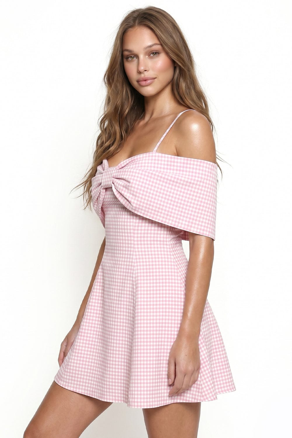 Women's Gingham Off Shoulder Bow Mini Dress – model view