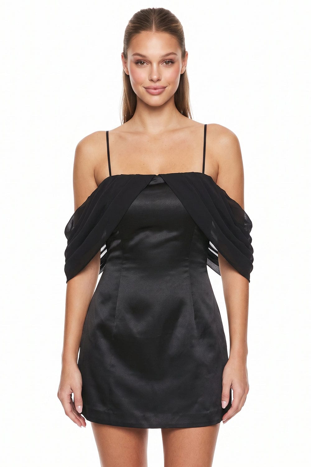 Women's Off the Shoulder Draped Dull Satin Mini Dress in Black