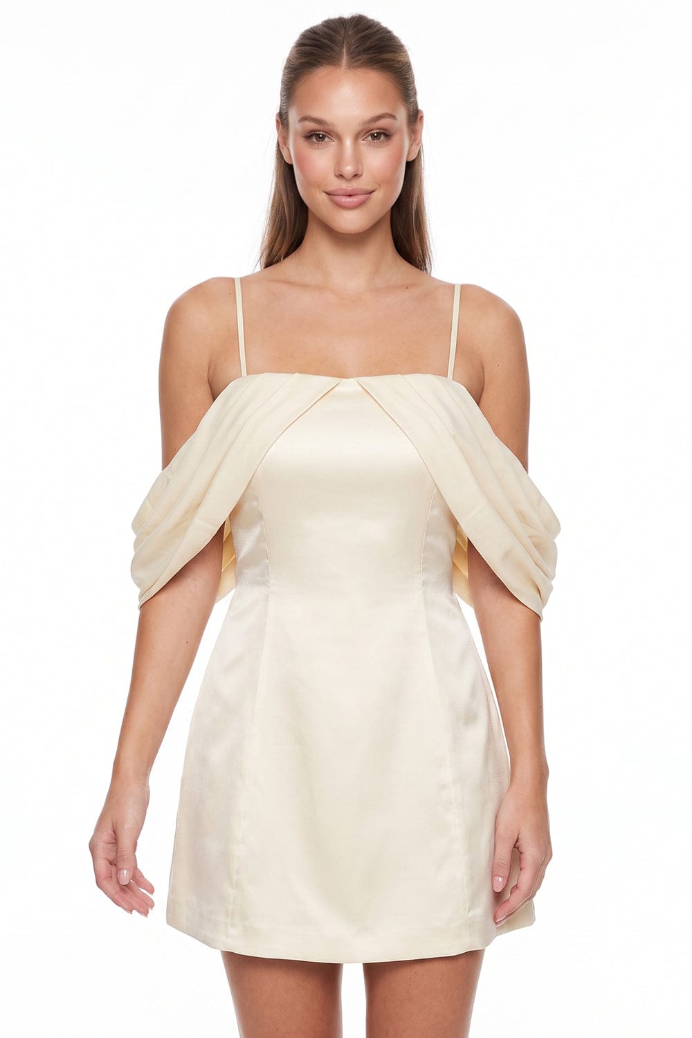 Women's Off the Shoulder Draped Dull Satin Mini Dress in Cream