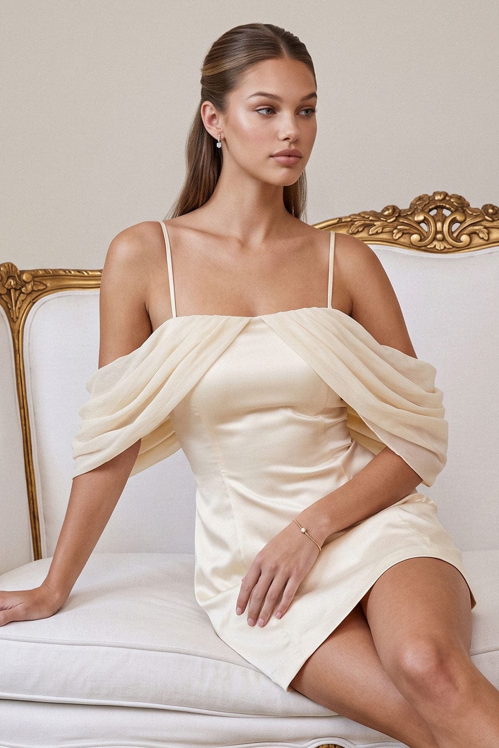 Women's Off the Shoulder Draped Dull Satin Mini Dress – side view