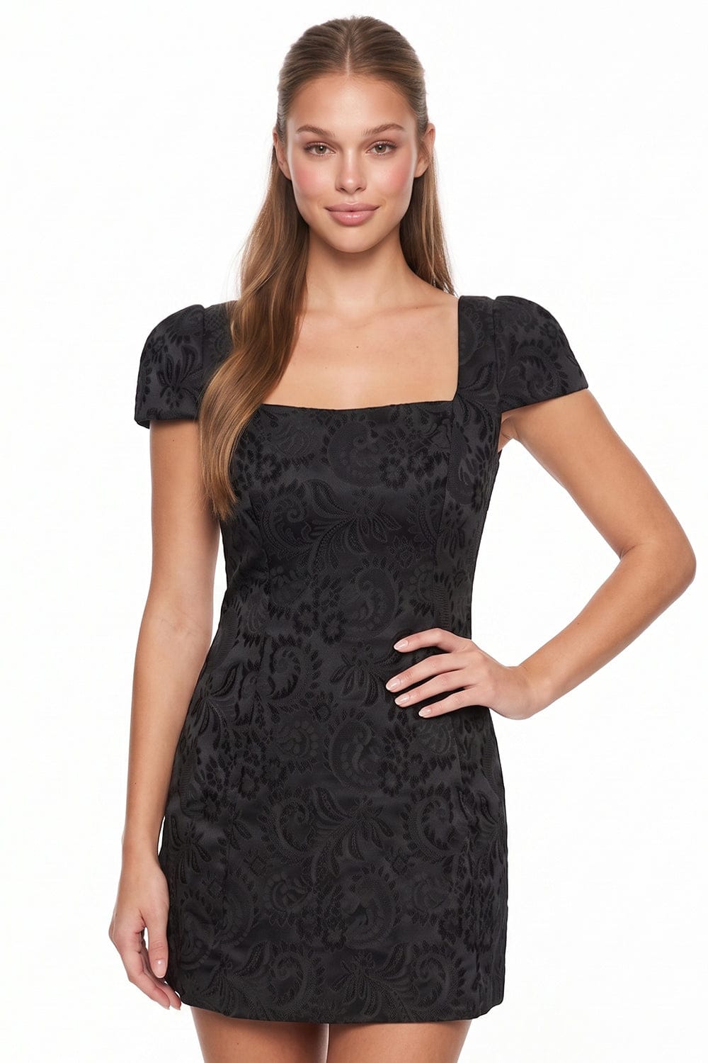 Women's Jacquard Cap Sleeve Mini Dress in Black