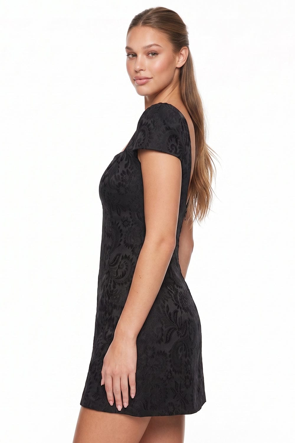 Women's Jacquard Cap Sleeve Mini Dress – detail close-up
