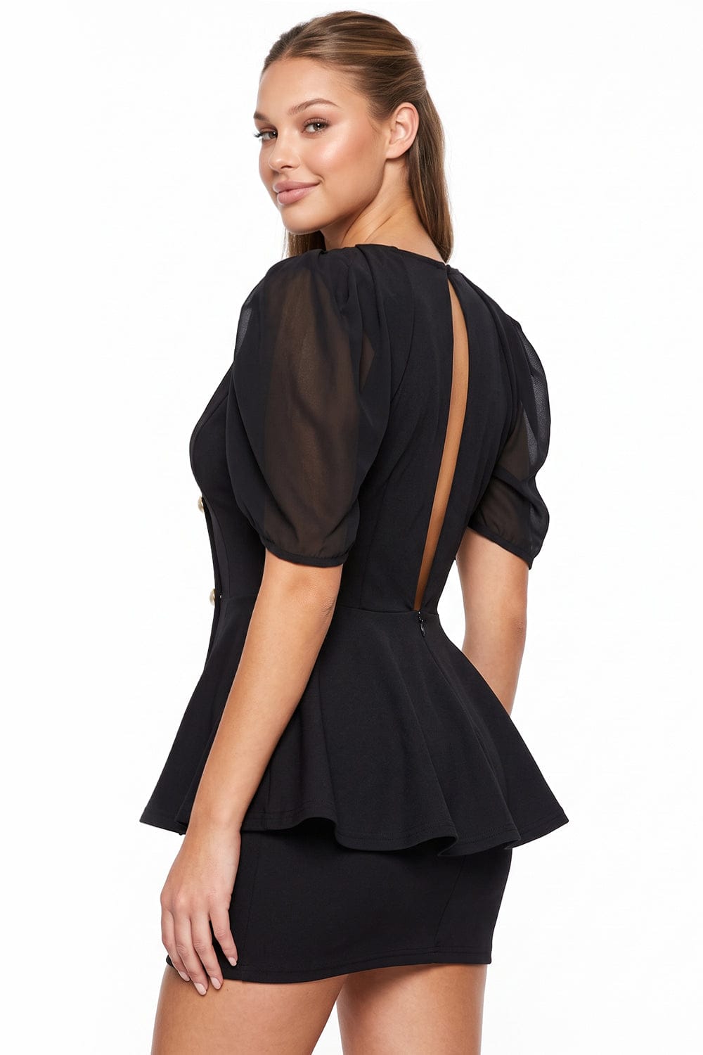 Women's Pearl Button Peplum Mini Dress – full-length view