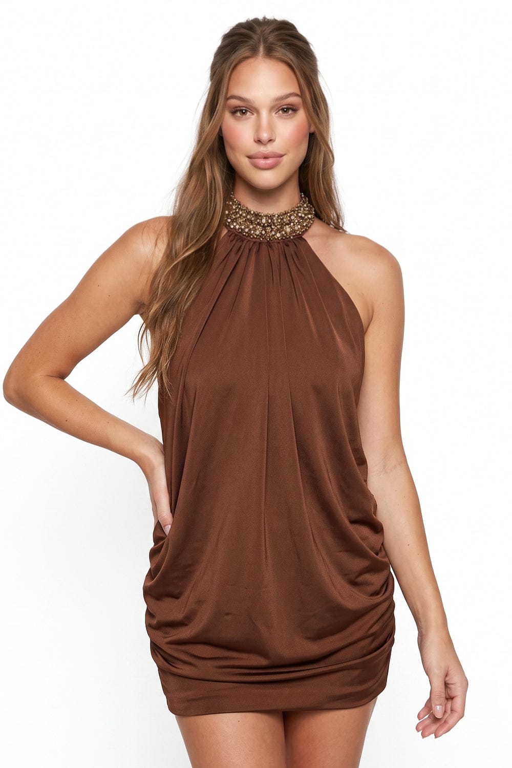Women's Satin Beaded Halter Mini Dress in Brown