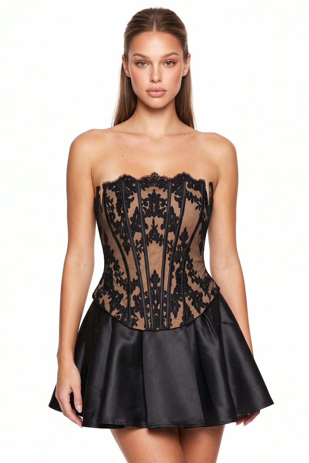 Women's Floral Lace Corset Flare Mini Dress in Black