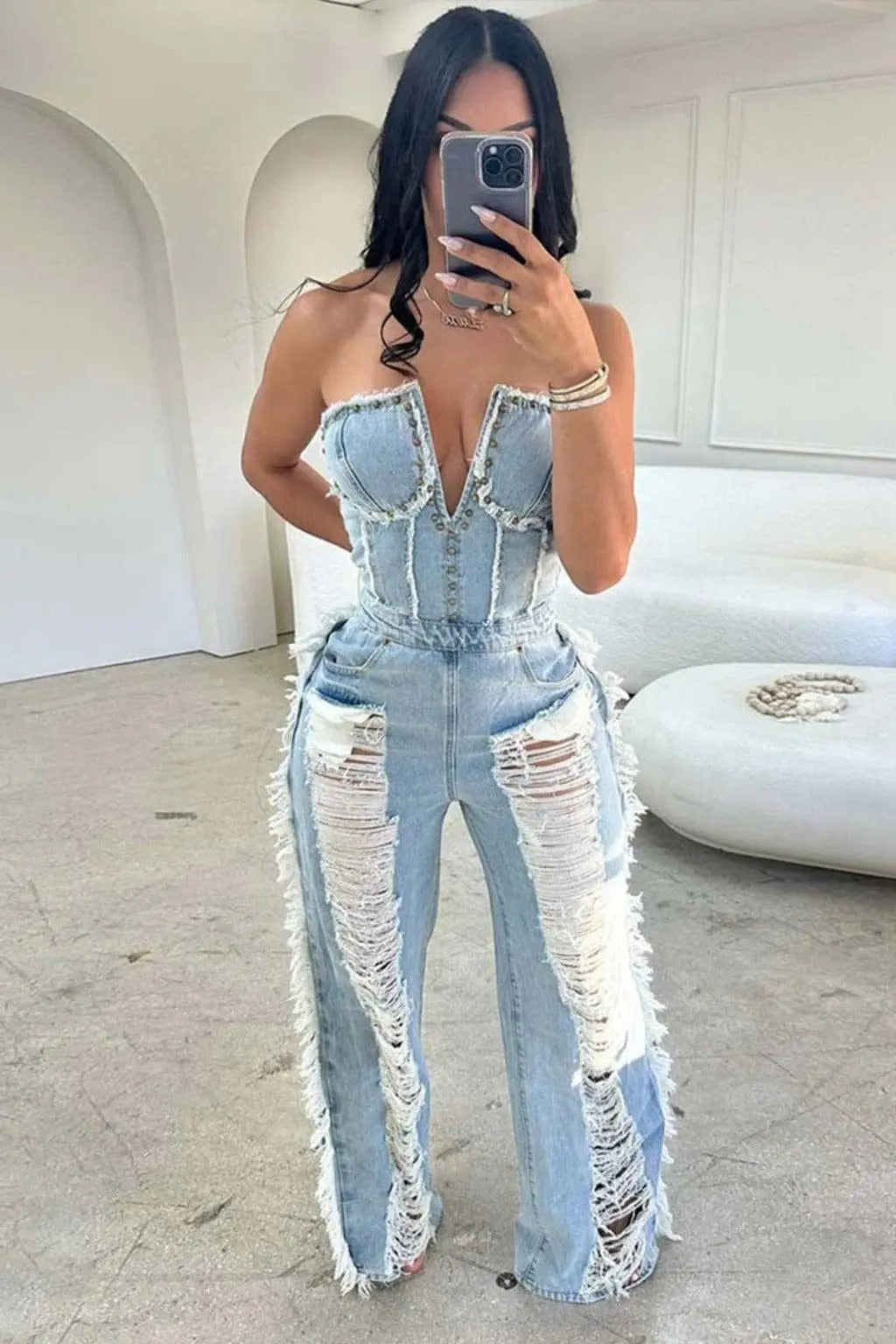 Light blue denim jumpsuit front view - Epicplacess