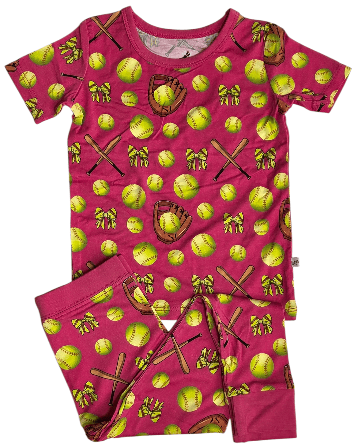 Girls' pink baseball and bows print short sleeve bamboo pajama set – view 3