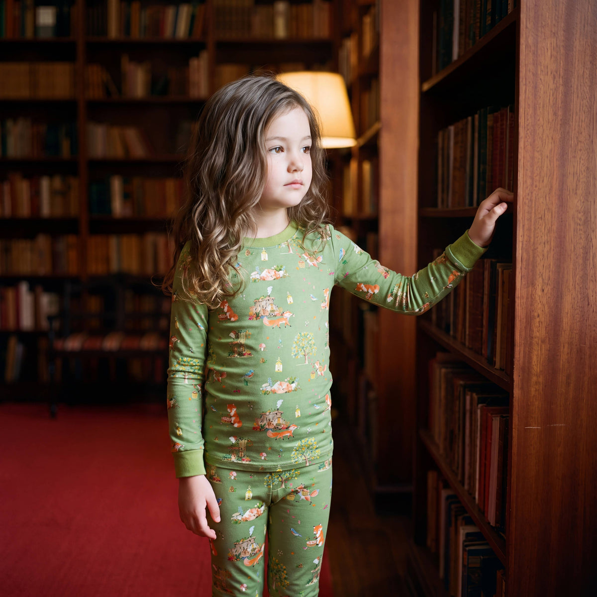 Kids' sage green fox woodland print long sleeve bamboo pajama set – view 4