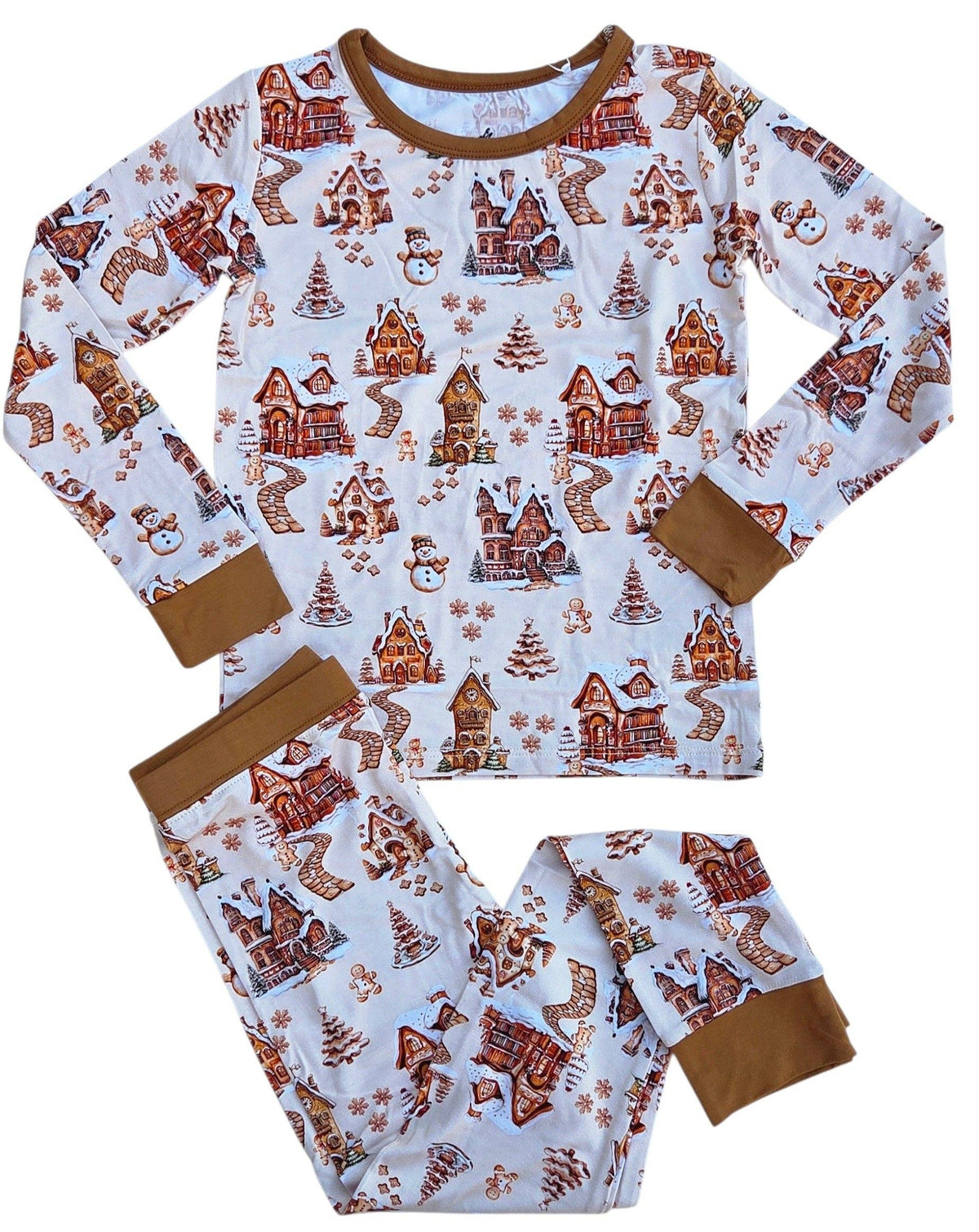 Kids' cream gingerbread print long sleeve bamboo Christmas pajama set