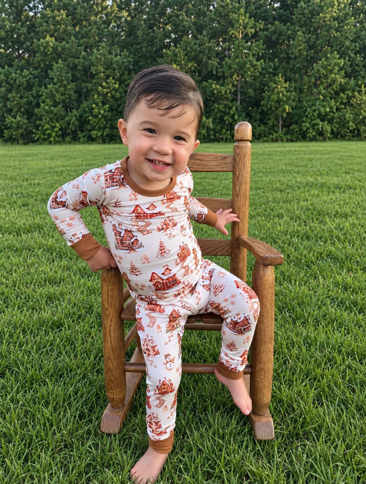 Kids' cream gingerbread print long sleeve bamboo Christmas pajama set – view 4