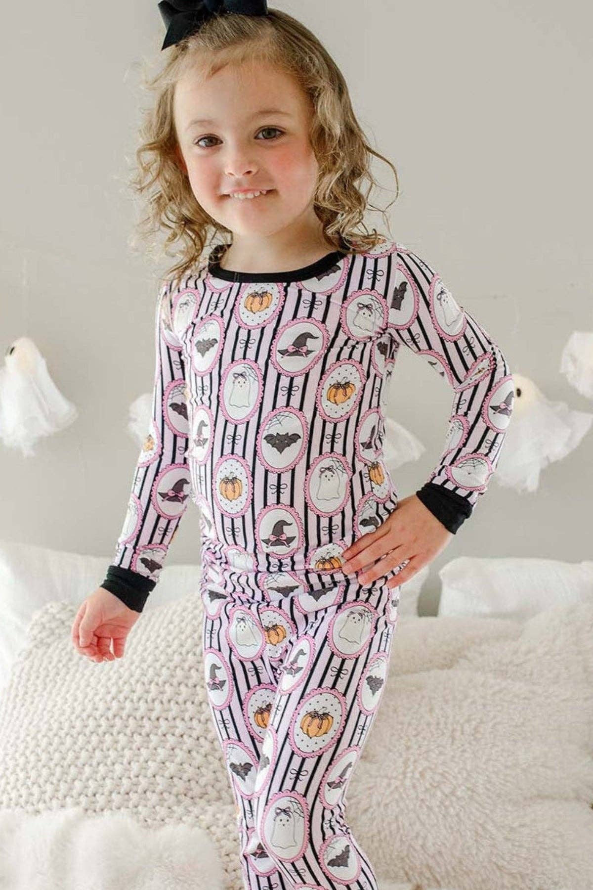 Girls' pink stripe glow-in-the-dark ghost print bamboo Halloween pajama set
