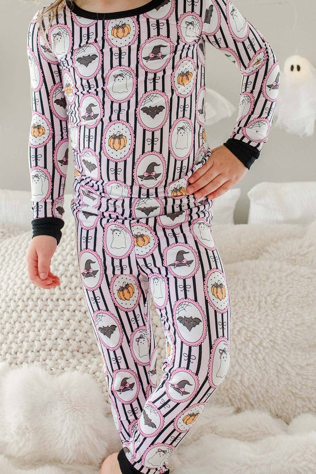 Girls' pink stripe glow-in-the-dark ghost print bamboo Halloween pajama set – view 3