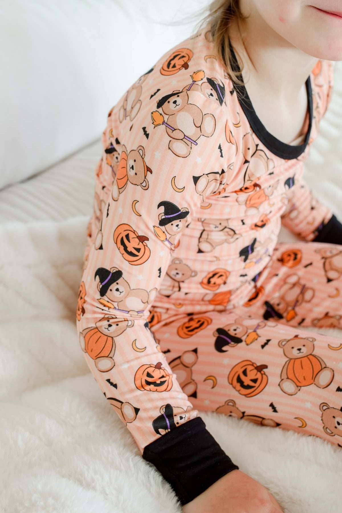 Kids' orange Halloween bear print long sleeve bamboo pajama set – view 2