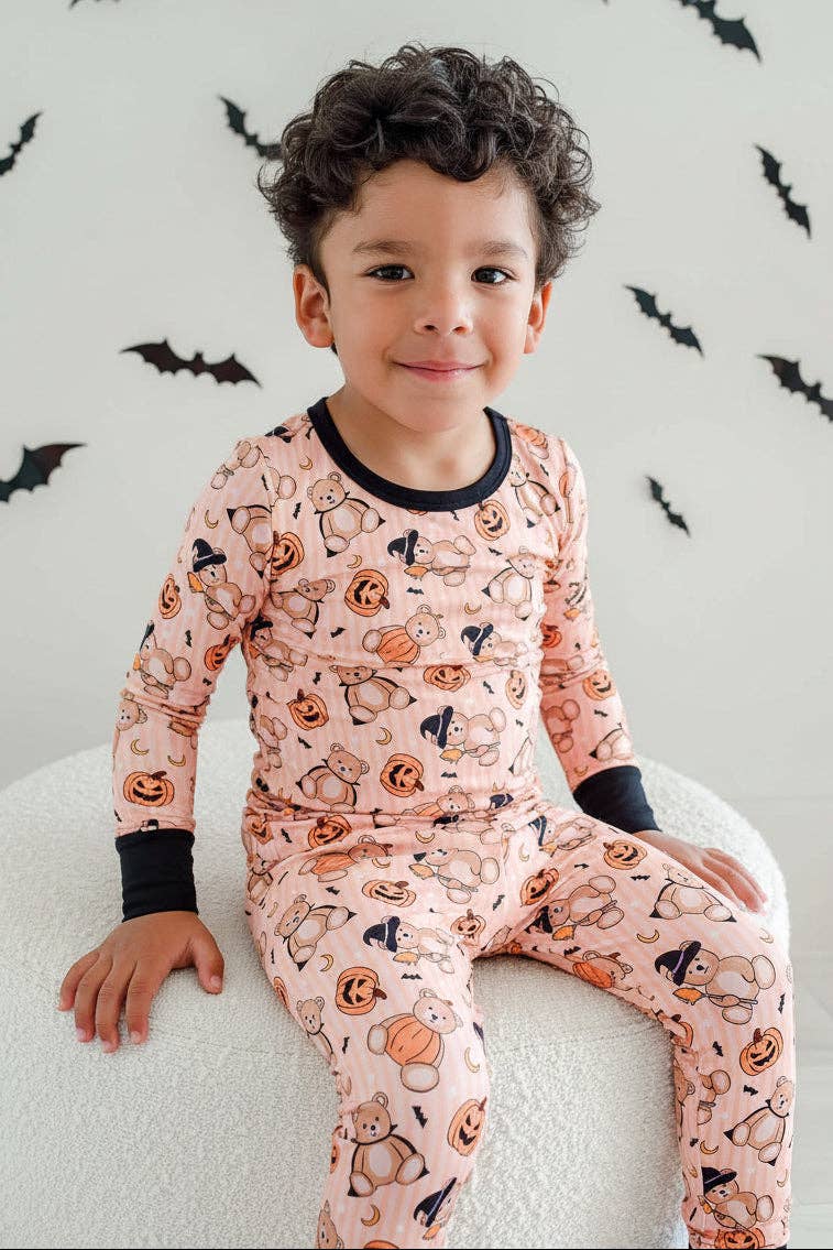 Kids' orange Halloween bear print long sleeve bamboo pajama set – view 3
