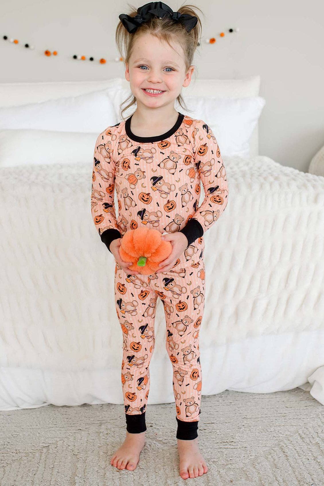 Kids' orange Halloween bear print long sleeve bamboo pajama set – view 4