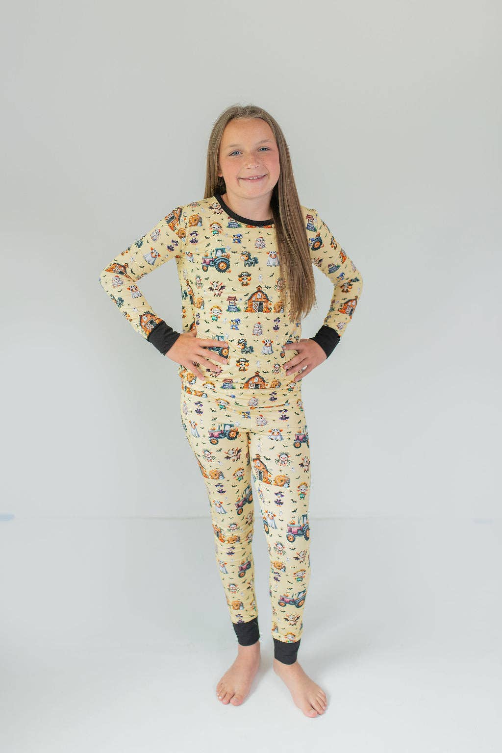 Kids' orange Halloween farm print long sleeve bamboo pajama set – view 4